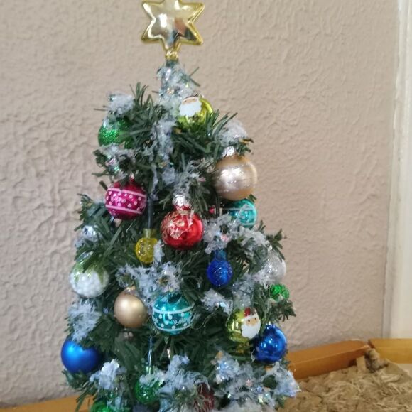 14" Predecorated Prelit Christmas Tree. One-of-a-kind colorful xmas Art - Picture 2 of 10